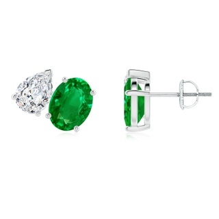 8x6mm AAAA Oval Emerald and Pear Diamond Two Stone Earrings in P950 Platinum