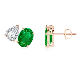 8x6mm AAAA Oval Emerald and Pear Diamond Two Stone Earrings in Rose Gold