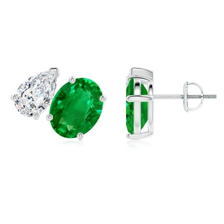 9x7mm AAAA Oval Emerald and Pear Diamond Two Stone Earrings in P950 Platinum