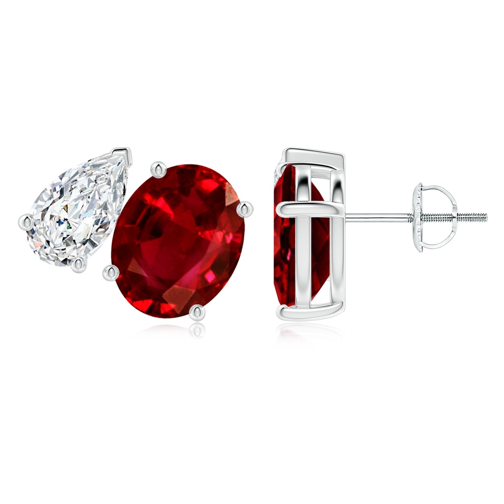10x8mm AAAA Oval Ruby and Pear Diamond Two Stone Earrings in P950 Platinum