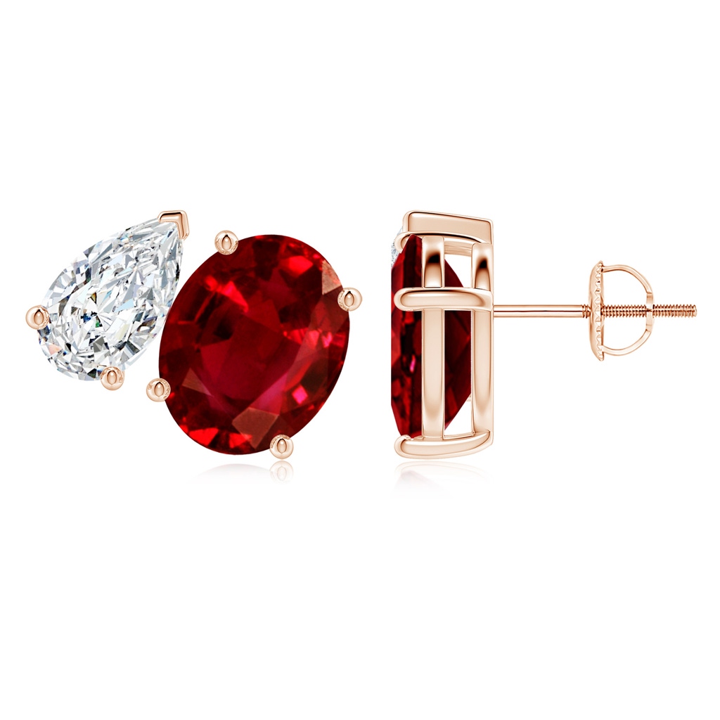 10x8mm AAAA Oval Ruby and Pear Diamond Two Stone Earrings in Rose Gold