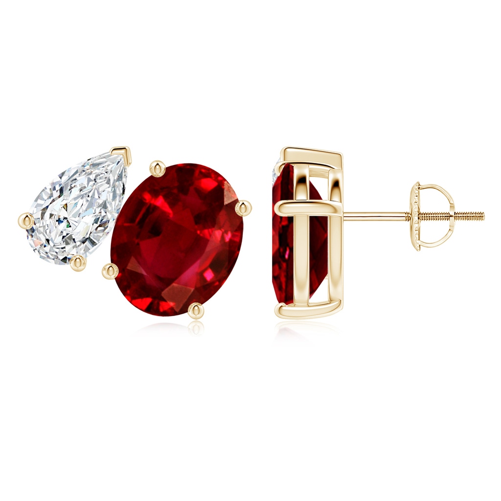 10x8mm AAAA Oval Ruby and Pear Diamond Two Stone Earrings in Yellow Gold