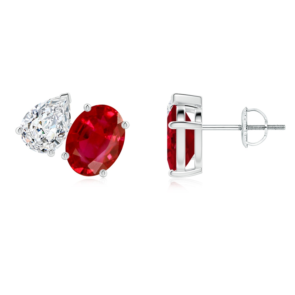 8x6mm AAA Oval Ruby and Pear Diamond Two Stone Earrings in White Gold