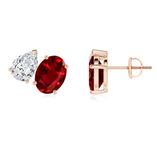 8x6mm AAAA Oval Ruby and Pear Diamond Two Stone Earrings in Rose Gold