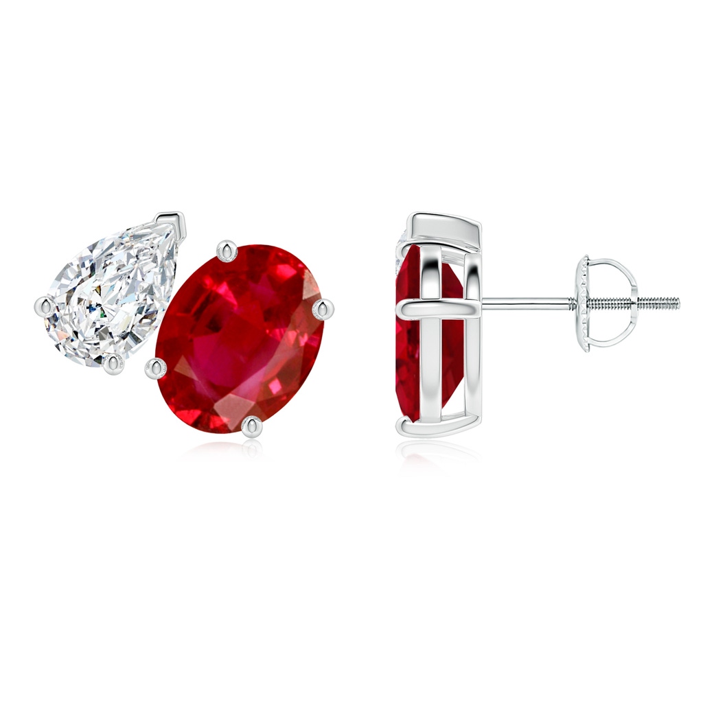 9x7mm AAA Oval Ruby and Pear Diamond Two Stone Earrings in White Gold