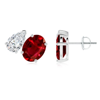 9x7mm AAAA Oval Ruby and Pear Diamond Two Stone Earrings in P950 Platinum