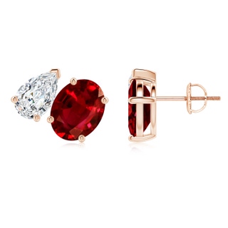 9x7mm AAAA Oval Ruby and Pear Diamond Two Stone Earrings in Rose Gold