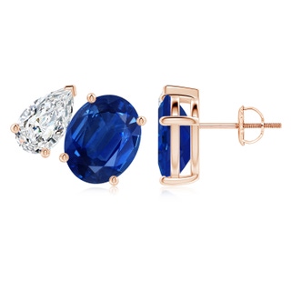 10x8mm AAA Oval Blue Sapphire and Pear Diamond Two Stone Earrings in Rose Gold