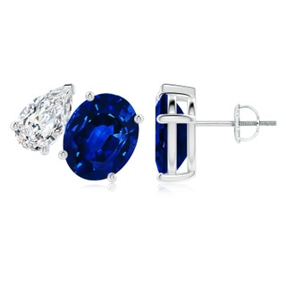 10x8mm Lab-Grown Oval Blue Sapphire and Pear Diamond Two Stone Earrings in P950 Platinum