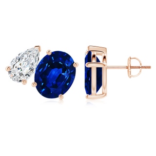 10x8mm Lab-Grown Oval Blue Sapphire and Pear Diamond Two Stone Earrings in Rose Gold