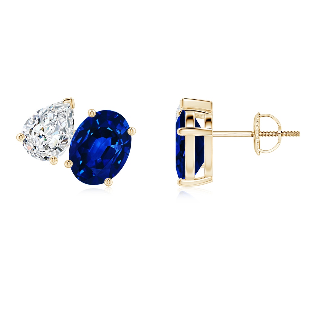 8x6mm Lab-Grown Oval Blue Sapphire and Pear Diamond Two Stone Earrings in Yellow Gold