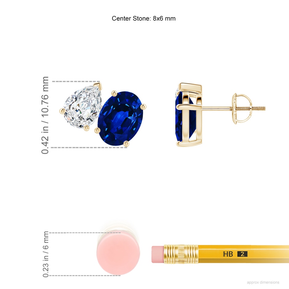 8x6mm Lab-Grown Oval Blue Sapphire and Pear Diamond Two Stone Earrings in Yellow Gold ruler