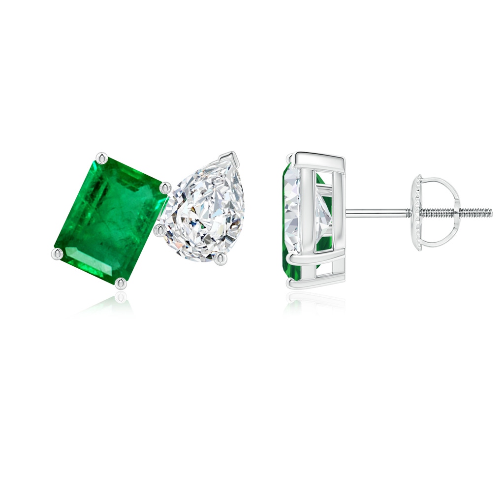 7x5mm AAA Emerald-Cut Emerald and Pear Diamond Two Stone Earrings in White Gold