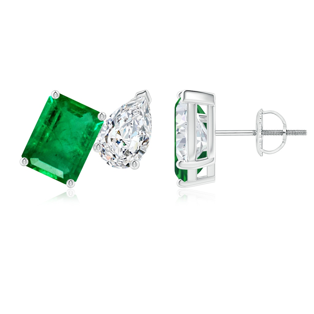 8x6mm AAA Emerald-Cut Emerald and Pear Diamond Two Stone Earrings in White Gold