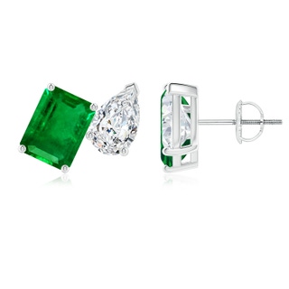 8x6mm AAAA Emerald-Cut Emerald and Pear Diamond Two Stone Earrings in P950 Platinum
