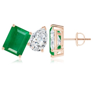 9x7mm AA Emerald-Cut Emerald and Pear Diamond Two Stone Earrings in Rose Gold