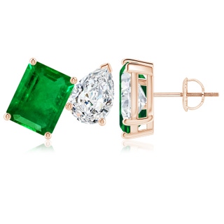 9x7mm AAAA Emerald-Cut Emerald and Pear Diamond Two Stone Earrings in Rose Gold