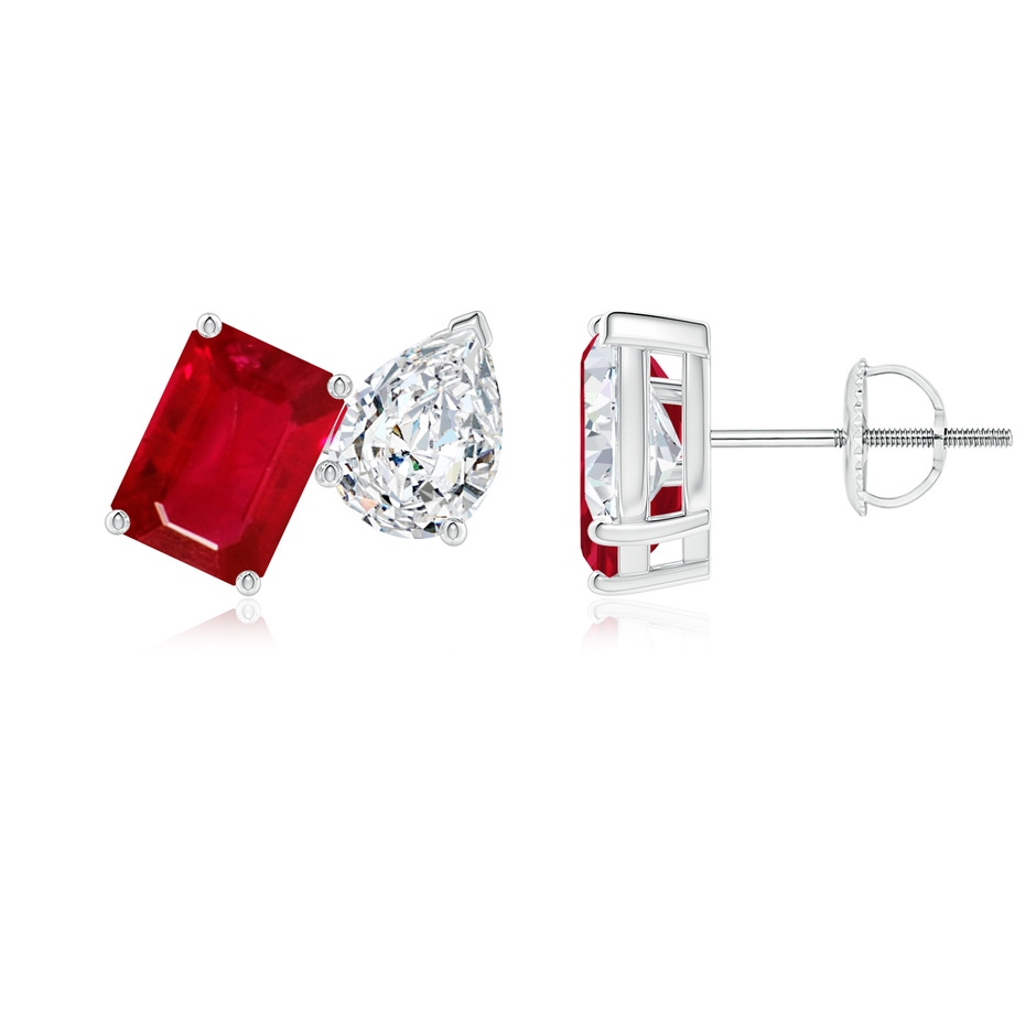 7x5mm AAA Emerald-Cut Ruby and Pear Diamond Two Stone Earrings in White Gold 