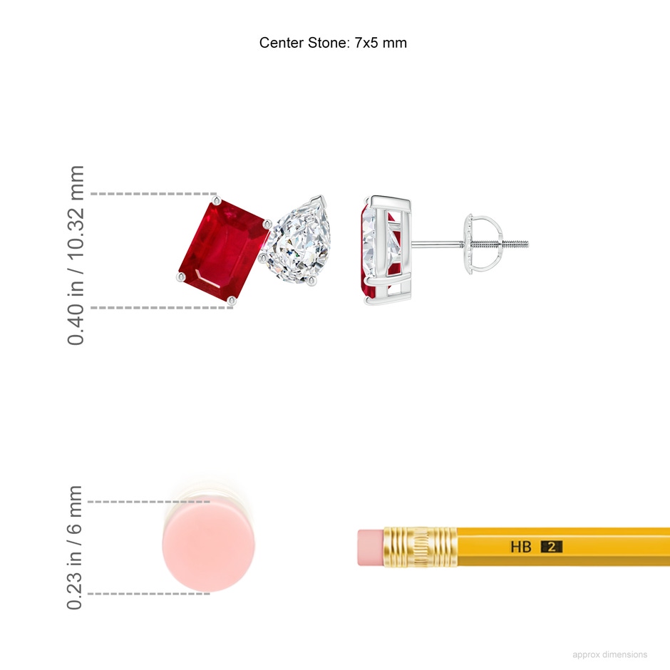 7x5mm AAA Emerald-Cut Ruby and Pear Diamond Two Stone Earrings in White Gold ruler