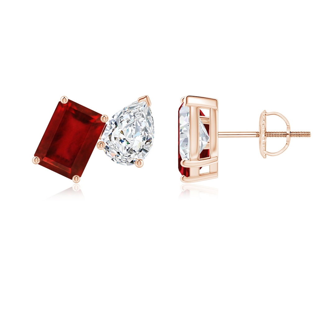 7x5mm AAAA Emerald-Cut Ruby and Pear Diamond Two Stone Earrings in Rose Gold