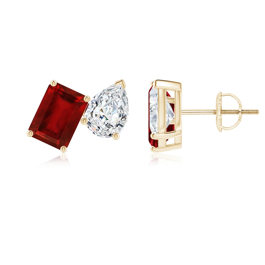 7x5mm AAAA Emerald-Cut Ruby and Pear Diamond Two Stone Earrings in Yellow Gold