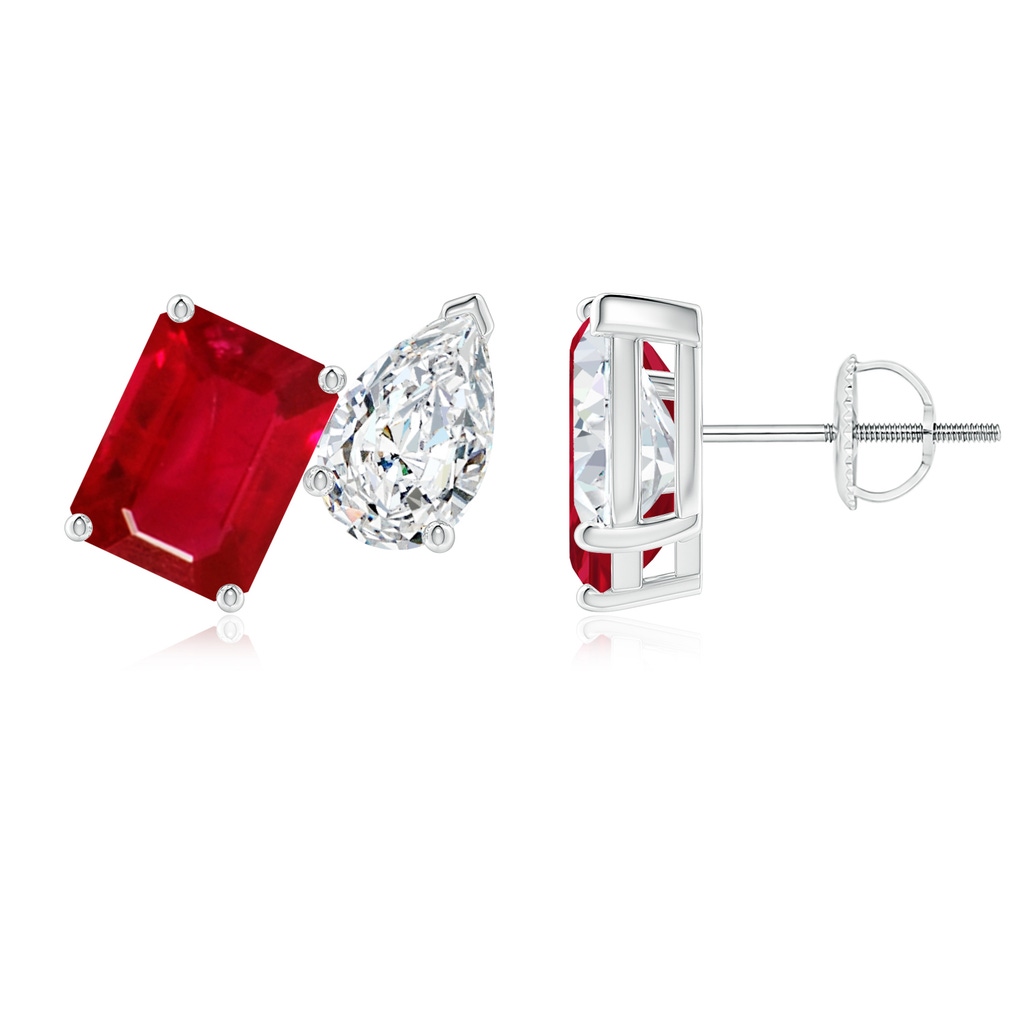 8x6mm AAA Emerald-Cut Ruby and Pear Diamond Two Stone Earrings in White Gold