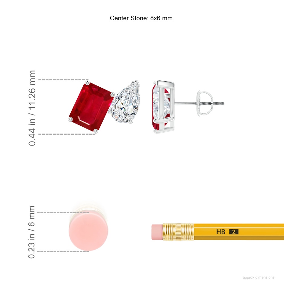 8x6mm AAA Emerald-Cut Ruby and Pear Diamond Two Stone Earrings in White Gold ruler