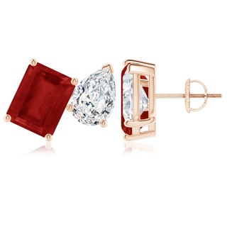 9x7mm AA Emerald-Cut Ruby and Pear Diamond Two Stone Earrings in Rose Gold