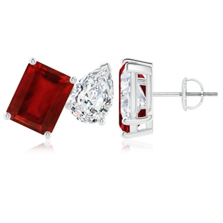 9x7mm AAAA Emerald-Cut Ruby and Pear Diamond Two Stone Earrings in P950 Platinum