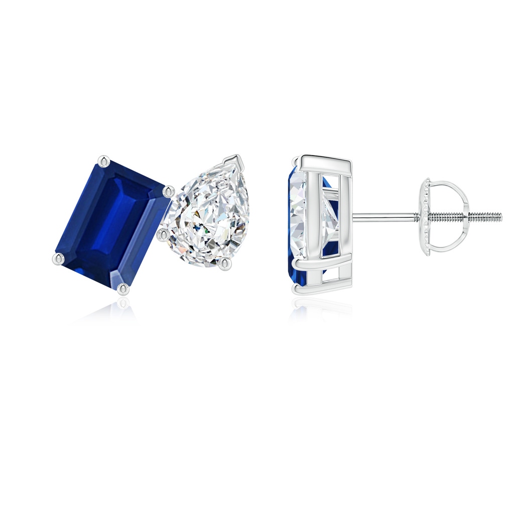 7x5mm Lab-Grown Emerald-Cut Blue Sapphire and Pear Diamond Two Stone Earrings in 18K White Gold