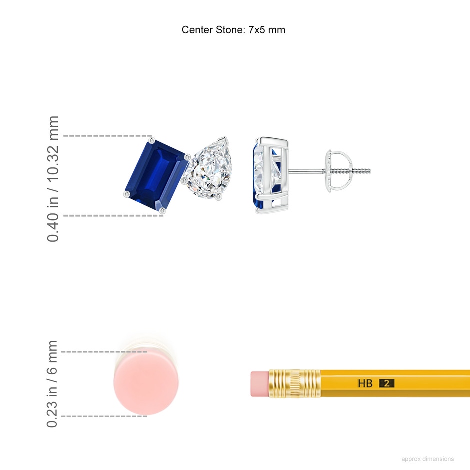 7x5mm Lab-Grown Emerald-Cut Blue Sapphire and Pear Diamond Two Stone Earrings in 18K White Gold ruler