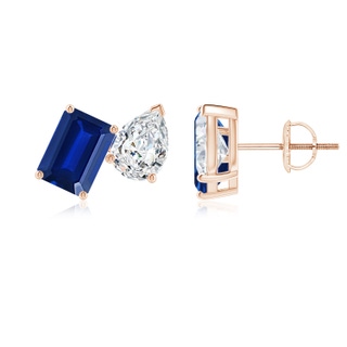 7x5mm AAAA Emerald-Cut Blue Sapphire and Pear Diamond Two Stone Earrings in Rose Gold