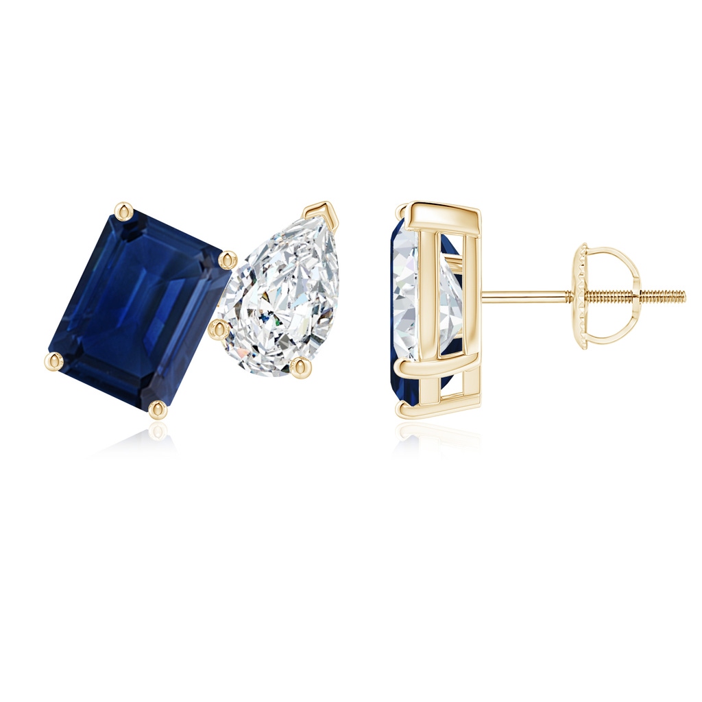 8x6mm AAA Emerald-Cut Blue Sapphire and Pear Diamond Two Stone Earrings in Yellow Gold 