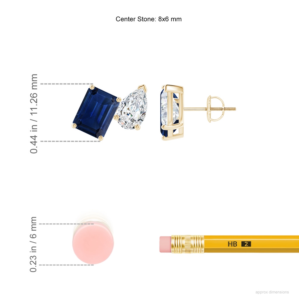8x6mm AAA Emerald-Cut Blue Sapphire and Pear Diamond Two Stone Earrings in Yellow Gold ruler