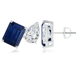 9x7mm AAA Emerald-Cut Blue Sapphire and Pear Diamond Two Stone Earrings in P950 Platinum