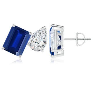 9x7mm Lab-Grown Emerald-Cut Blue Sapphire and Pear Diamond Two Stone Earrings in P950 Platinum