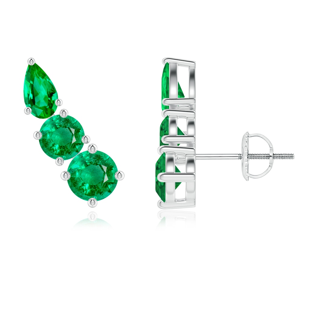 4.5mm AAA Round and Pear Emerald Three Stone Climber Earrings in White Gold