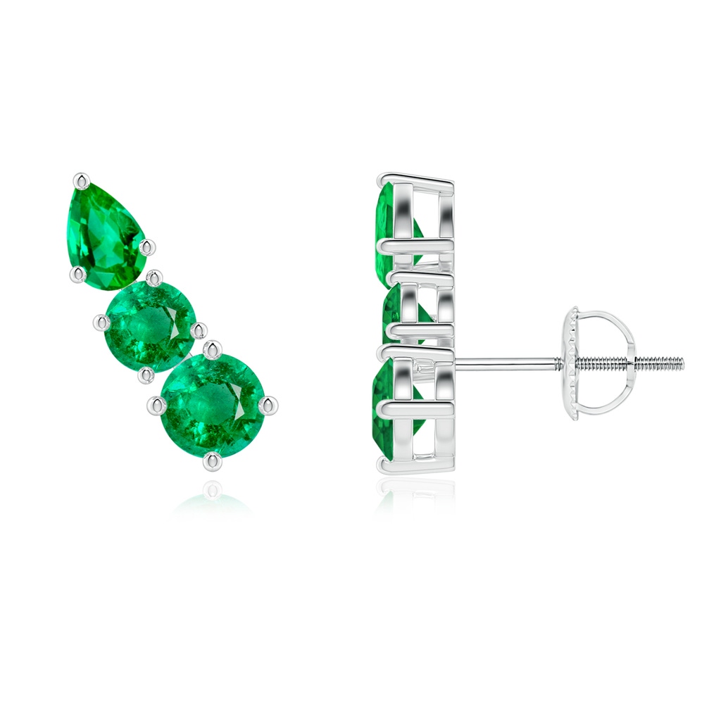 4mm AAA Round and Pear Emerald Three Stone Climber Earrings in White Gold