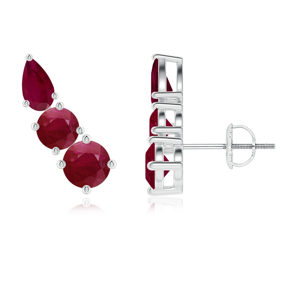 4.5mm A Round and Pear Ruby Three Stone Climber Earrings in White Gold 