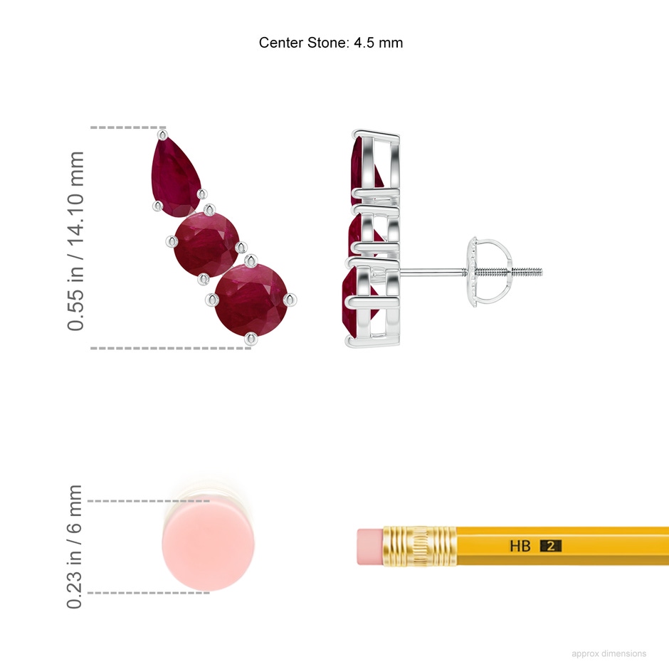 4.5mm A Round and Pear Ruby Three Stone Climber Earrings in White Gold ruler