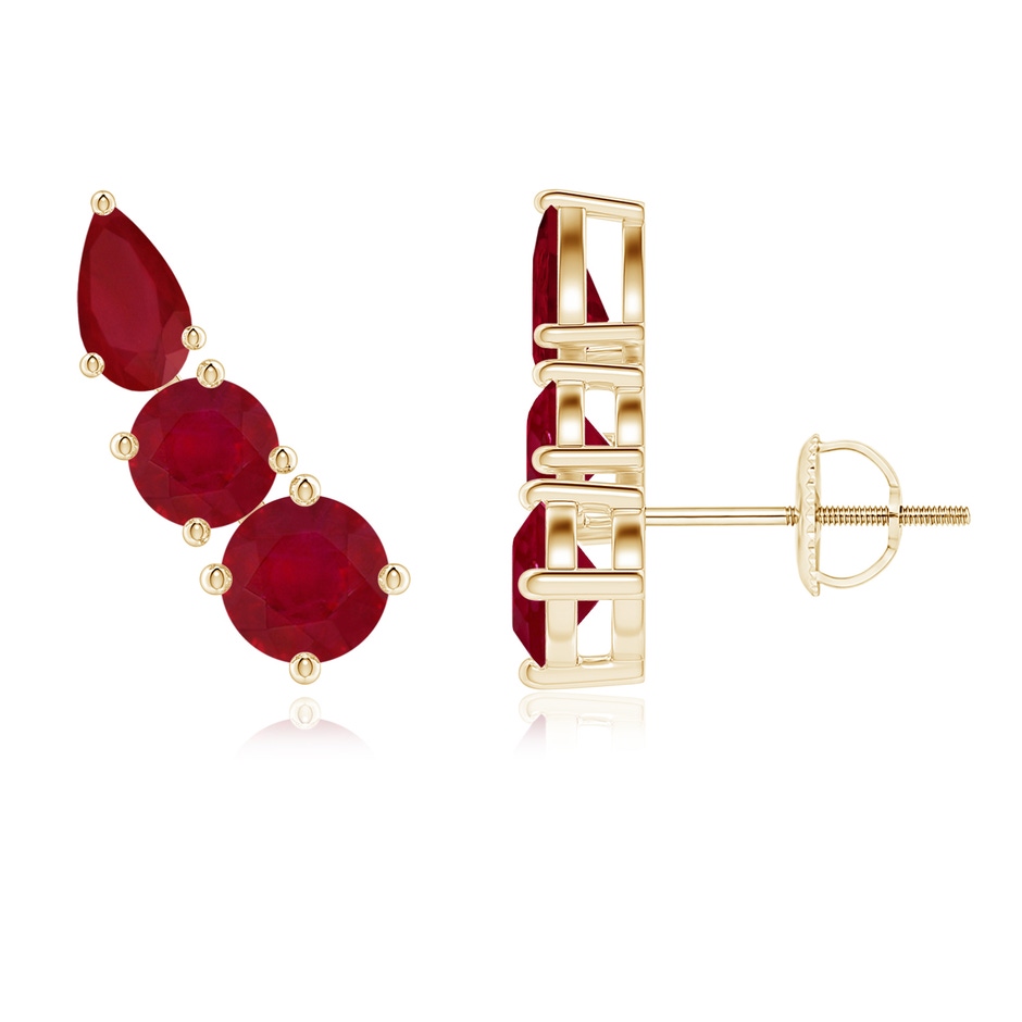 4.5mm AA Round and Pear Ruby Three Stone Climber Earrings in Yellow Gold 