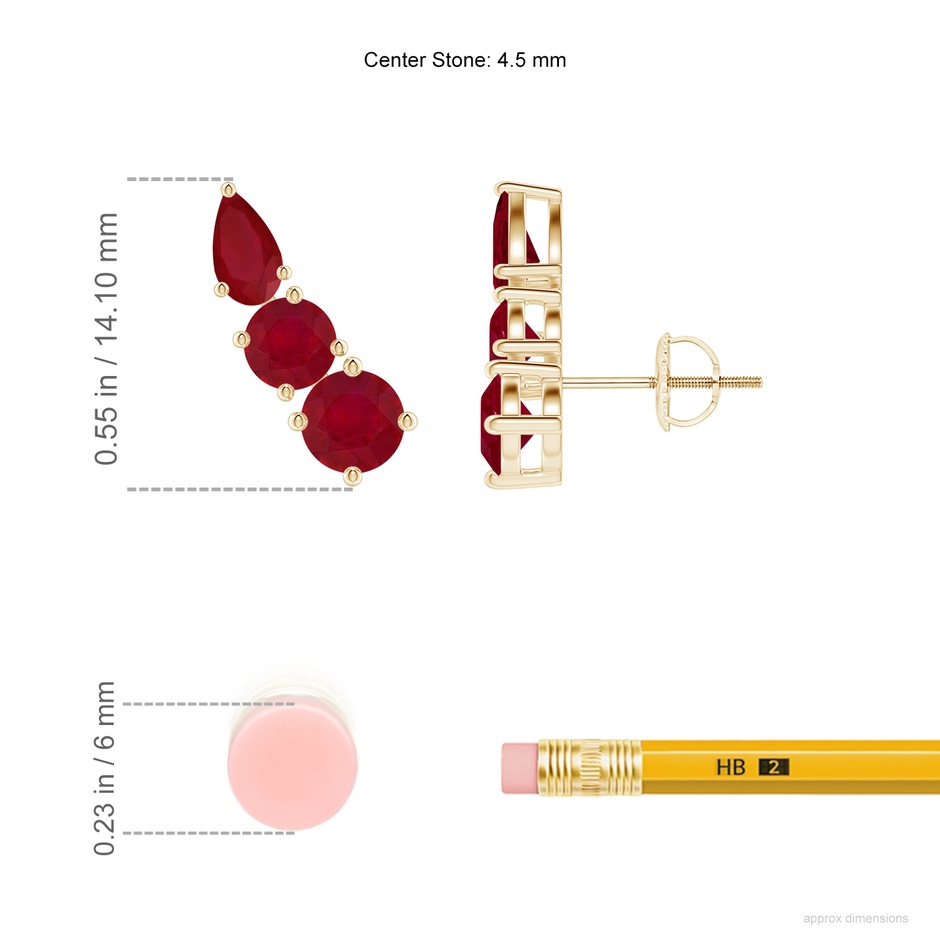 4.5mm AA Round and Pear Ruby Three Stone Climber Earrings in Yellow Gold ruler