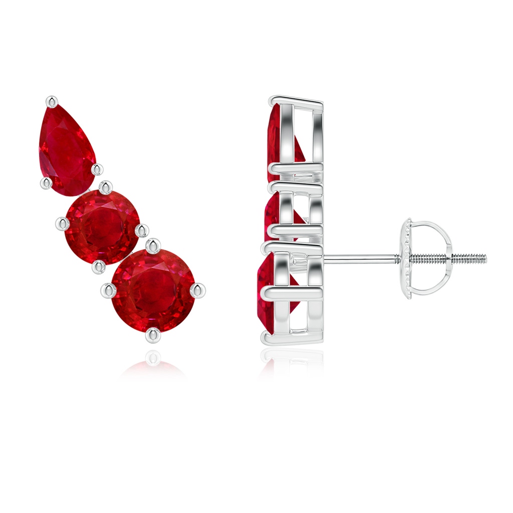 4.5mm AAA Round and Pear Ruby Three Stone Climber Earrings in White Gold
