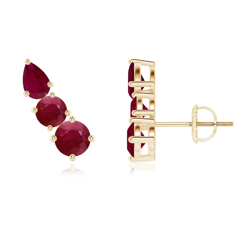 4mm A Round and Pear Ruby Three Stone Climber Earrings in Yellow Gold 