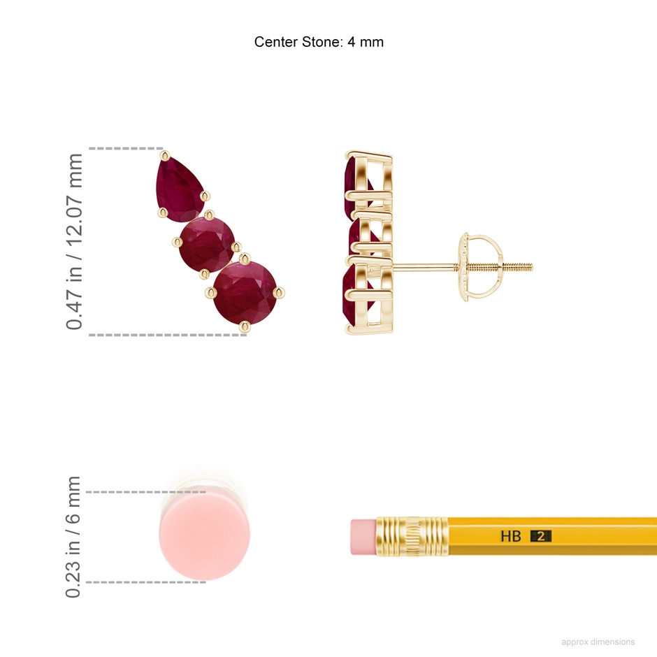 4mm A Round and Pear Ruby Three Stone Climber Earrings in Yellow Gold ruler