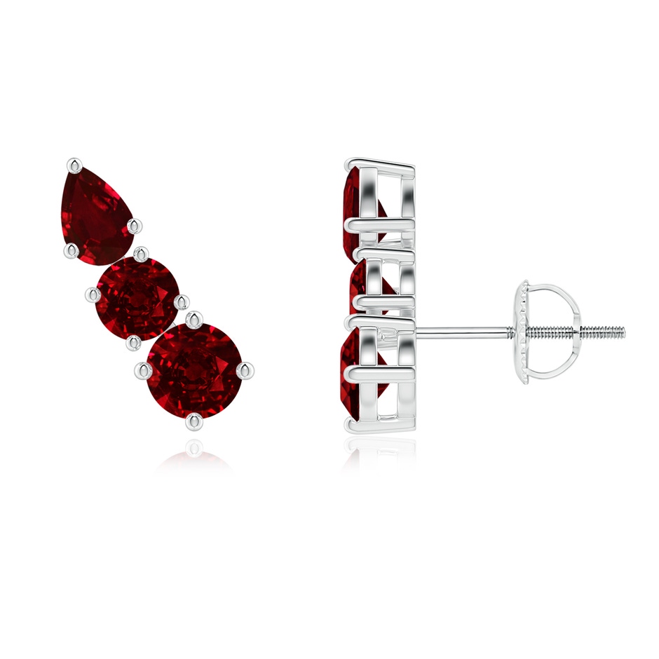 4mm AAAA Round and Pear Ruby Three Stone Climber Earrings in White Gold 