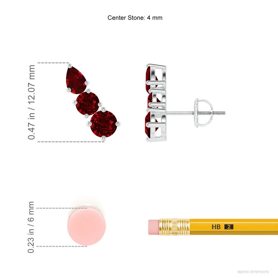 4mm AAAA Round and Pear Ruby Three Stone Climber Earrings in White Gold ruler