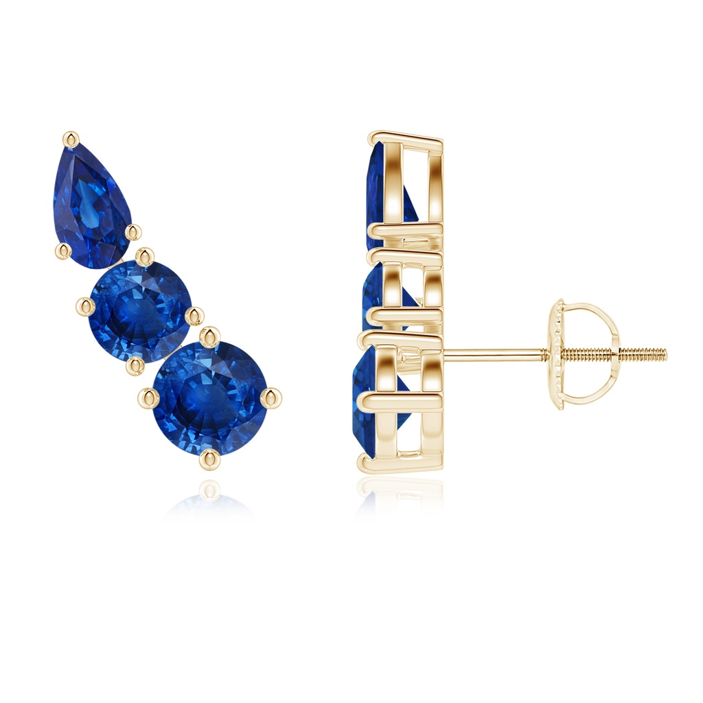 4.5mm AAA Round and Pear Blue Sapphire Three Stone Climber Earrings in Yellow Gold