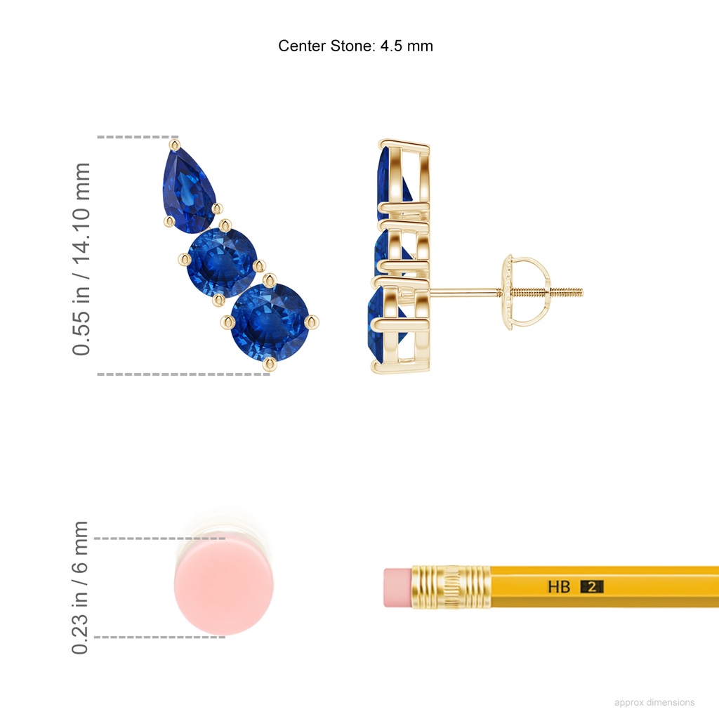 4.5mm AAA Round and Pear Blue Sapphire Three Stone Climber Earrings in Yellow Gold ruler