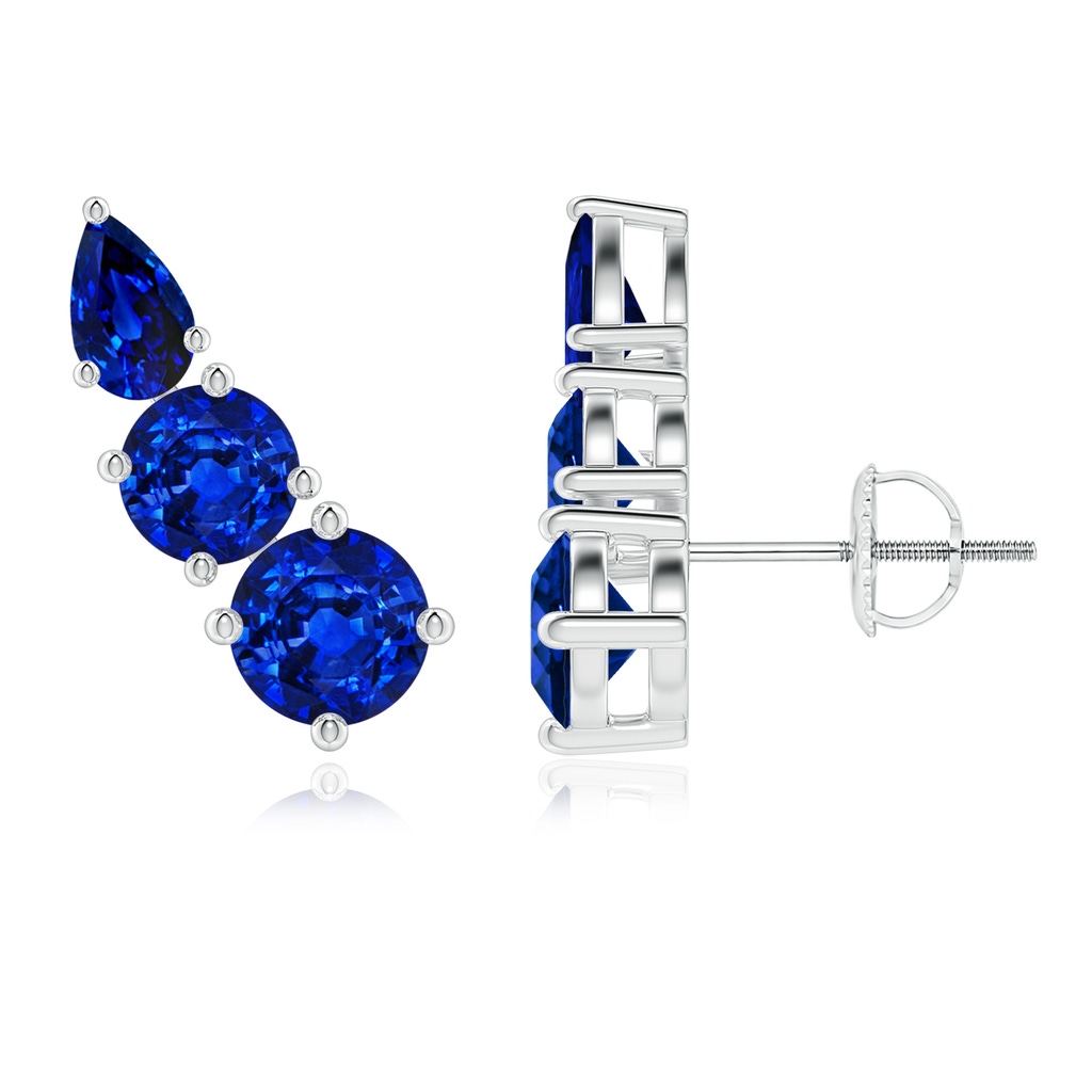 5mm Lab-Grown Round and Pear Blue Sapphire Three Stone Climber Earrings in White Gold